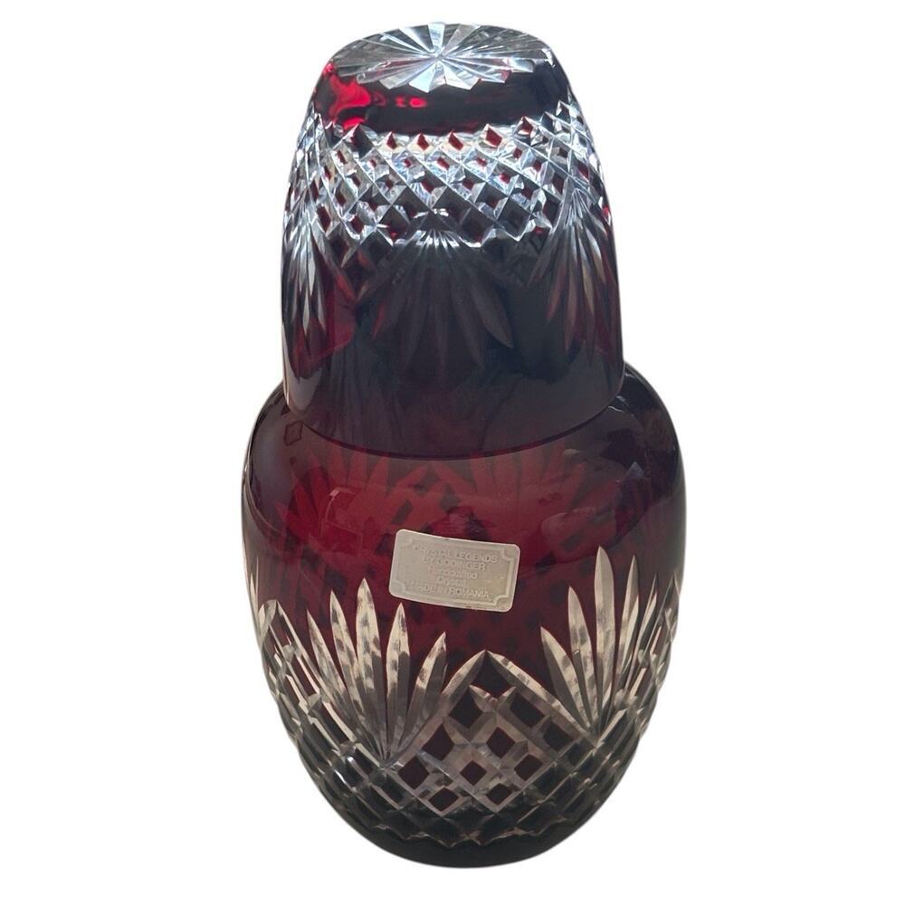 Crystal Legends By Godinger Cut To Clear Ruby Glass Tumbleup Carafe Romania Vtg
